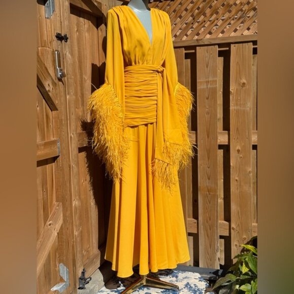 🆕 BRONX & BANCO 🧿 NWOT Geisha Feather-Trim Maxi Dress, Mustard - Sz S US 4 - Picture 4 of 15